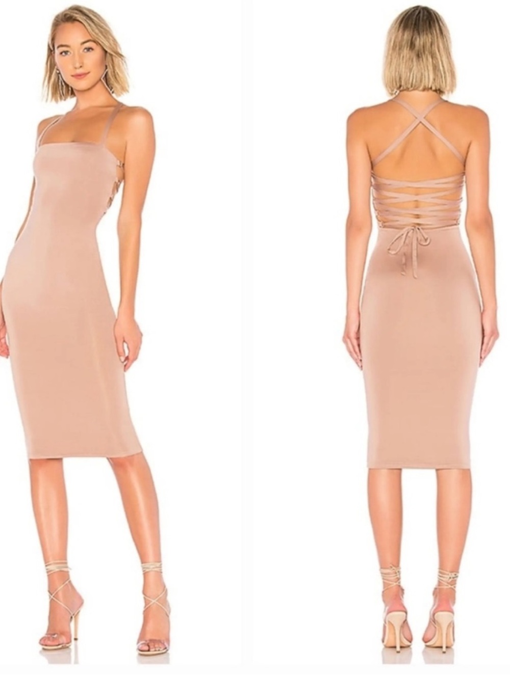 NWT SUPERDOWN Yvonne Laced Back Midi Dress in Taupe:
